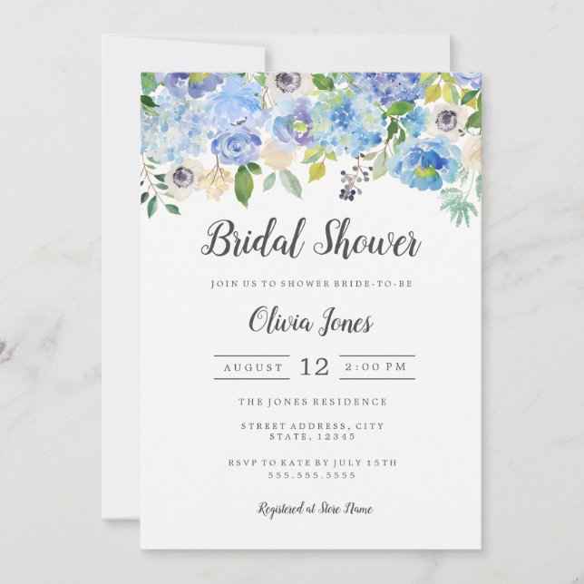 Cartão de Chá de Noiva Floral Azul Moderno (Frente)