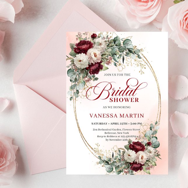 Cartão de Chá de Noiva Flores Clássicas Burgundy D (Classic Burgundy Flowers Gold Bridal Shower Card

)