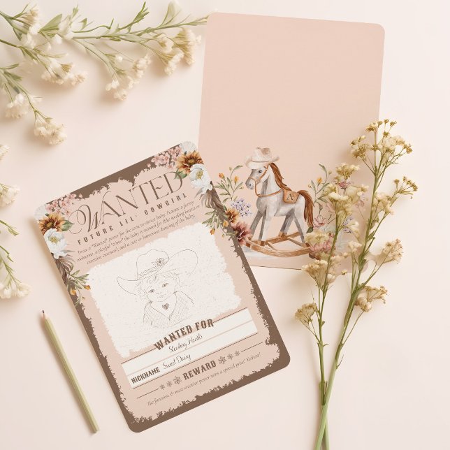 Cartão de Chá para Poster de Bebê Ocidental (Western Wanted Poster Baby Girl Shower Game Card)