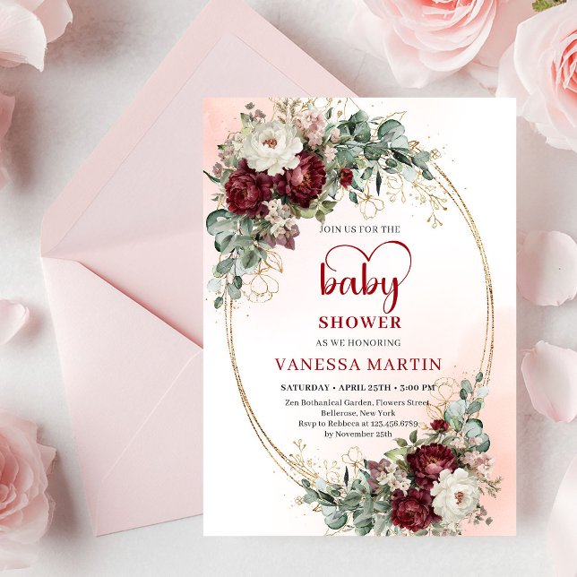 Cartão de Chamada de Bebê com Flores de Marsala El (Stylish Marsala Flowers Greenery Baby Shower Card

)