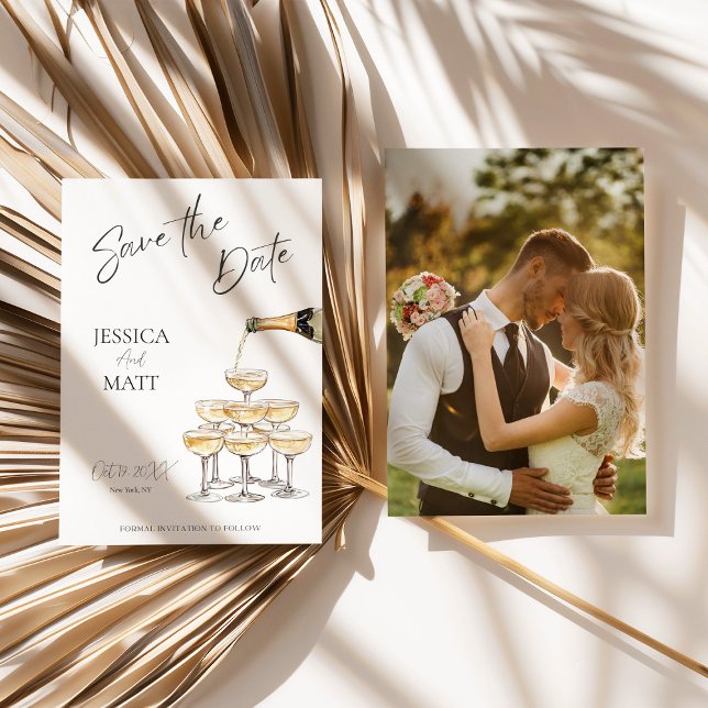 Cartão de Champanhe "Save The Date" com Aquarela (Champagne Tower Save the Date)