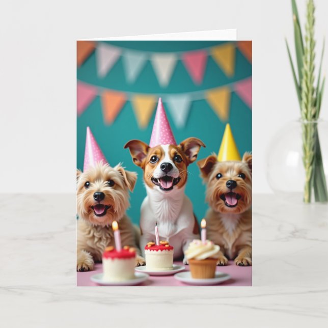 Cartão de Chapéu de Festa de Cachorrinhos Alegres (Frente)