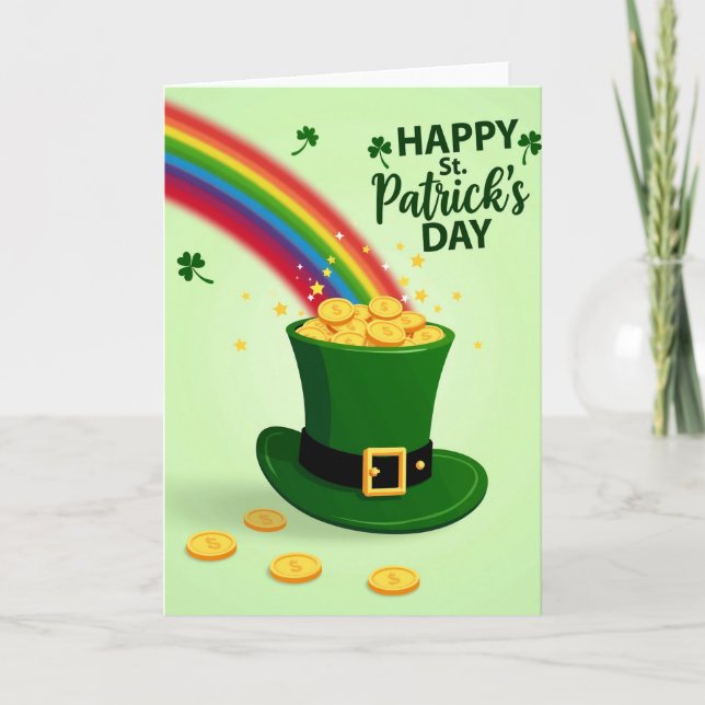 Cartão de Chapéu de Leprechaun Dourado Arco-íris (Frente)