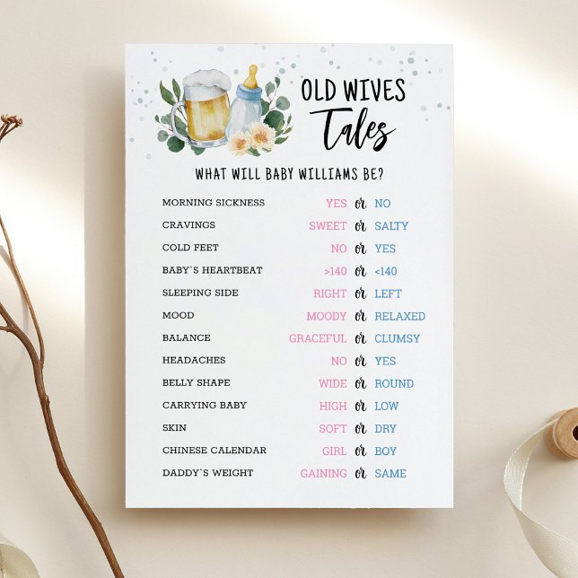 Cartão de Chuvada de Bebê Revelação de Gênero Cont (Beer and Floral Baby is Brewing Baby Shower Old Wives Tales Game Card)