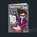 Cartão de cinza de 10 anos do Superstar Son<br><div class="desc">Este cartão diz "Filho Superstar 10 hoje. Interior: Feliz aniversário. Ou personalizar com suas próprias palavras. Cartão divertido com um garoto com cabelo escuro e ilustração de pele clara e design por Sarah Trett.</div>