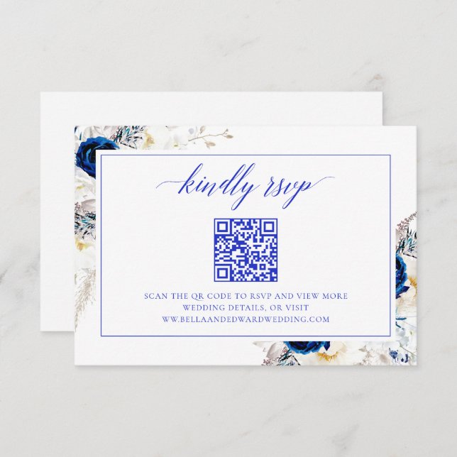 Cartão de Código QR do Site RSVP de Casamento Azul (Frente/Verso)