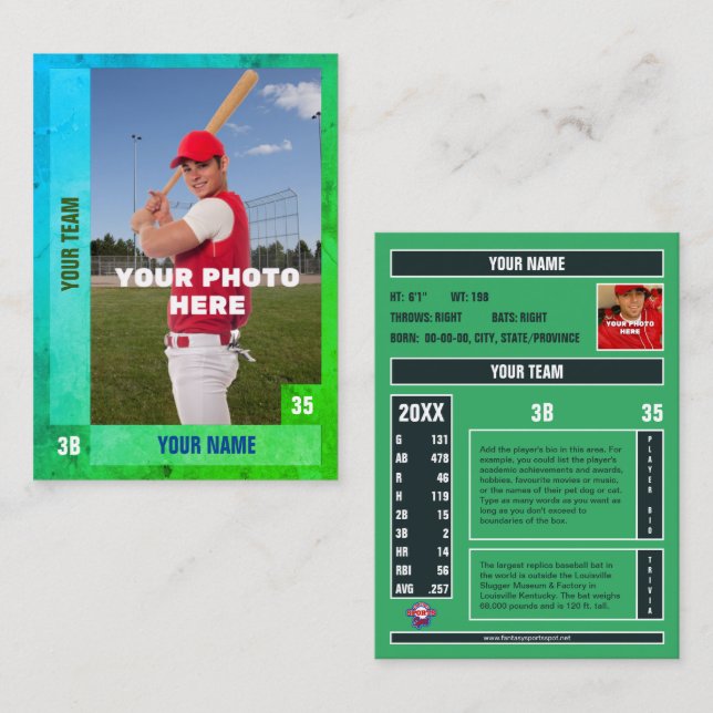 Cartão de Comércio de Baseball Azul/Verde - Estatí (Frente/Verso)