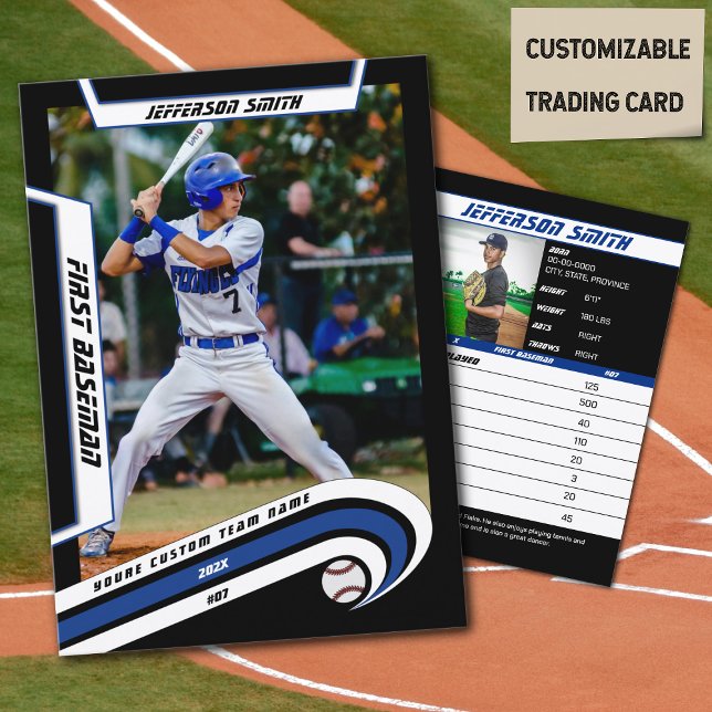Cartão de Comércio de Beisebol Azul-Negro (Baseball Player Trading Card in Black with Custom Team Name and White Blue Elements)