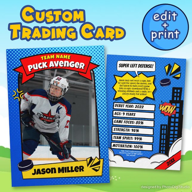Cartão De Comércio De Hóquei No Gelo Personalizado (Custom Ice Hockey Trading Card, Comic Hockey Card)
