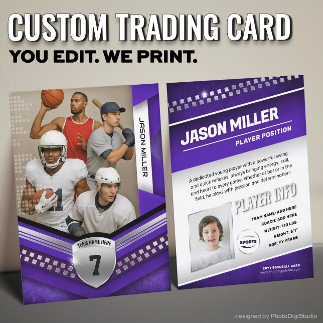 Cartão de Comércio Personalizado, Modelo de Esport (Custom Trading Card Template, All Sport Trading Card, Modern Purple Silver Design for All Sports)