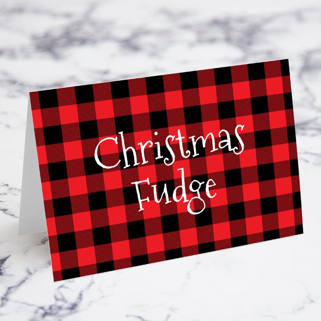 Cartão de Comida de Natal para Xadrez de Buffalo V (Christmas Party or Potluck Food Signs with a Classic Red and Black Buffalo Check Pattern)