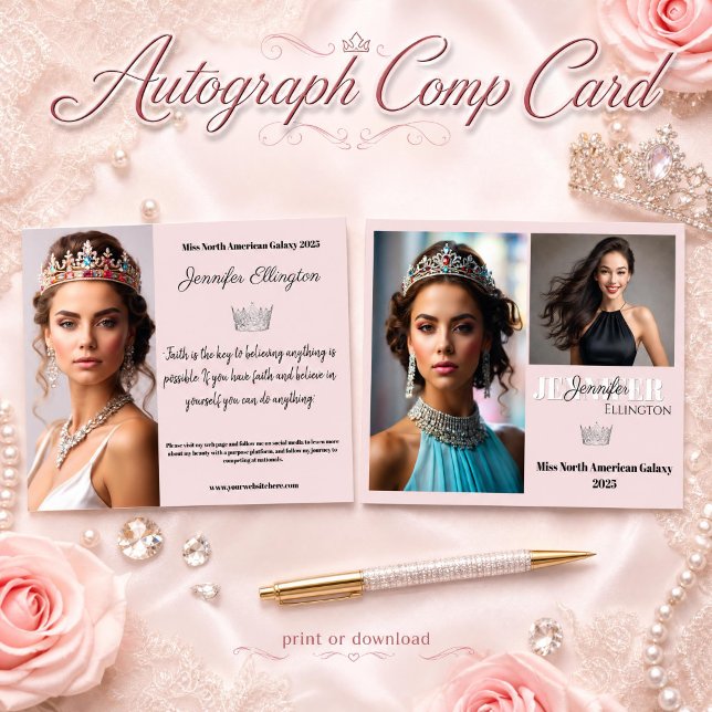 Cartão de Comp de Autógrafo Essenciais de Concurso (Dazzle them with a beautiful blush pink autograph comp card for pageant contestants and titleholders)