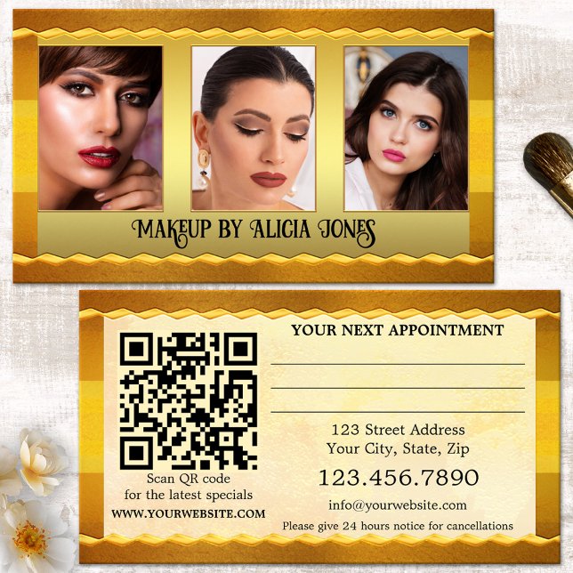 Cartão de Compromisso de Beleza para Maqueamento d (Elegant photo appointment business card in gold artistic style with QR code template - makeup artist)
