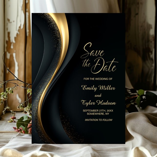Cartão de Compromisso de Casamento Preto e Dourado (Criador carregado)