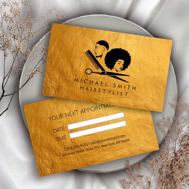 Cartão de Compromisso Dourado Hairstylist Elegante (Criador carregado)