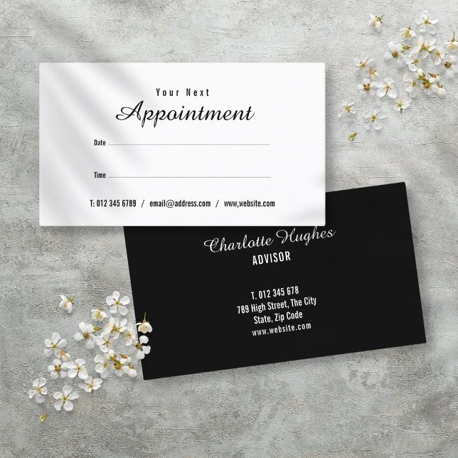 Cartão de Compromisso preto e branco moderno simpl (Simple Modern Black and White Appointment Card)