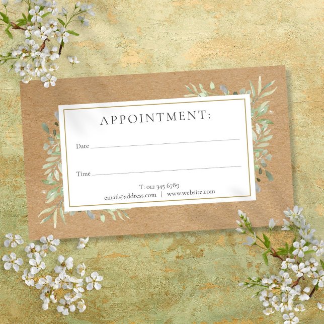 Cartão de Compromisso Russo Kraft de Molercoloraçã (Watercolor Greenery Rustic Kraft Appointment Card)