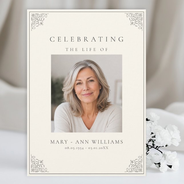 Cartão de Condolências de Celebração de Vida com F (Personalized Celebration of Life Announcement | Ornamental Border White and Black Photo Card )