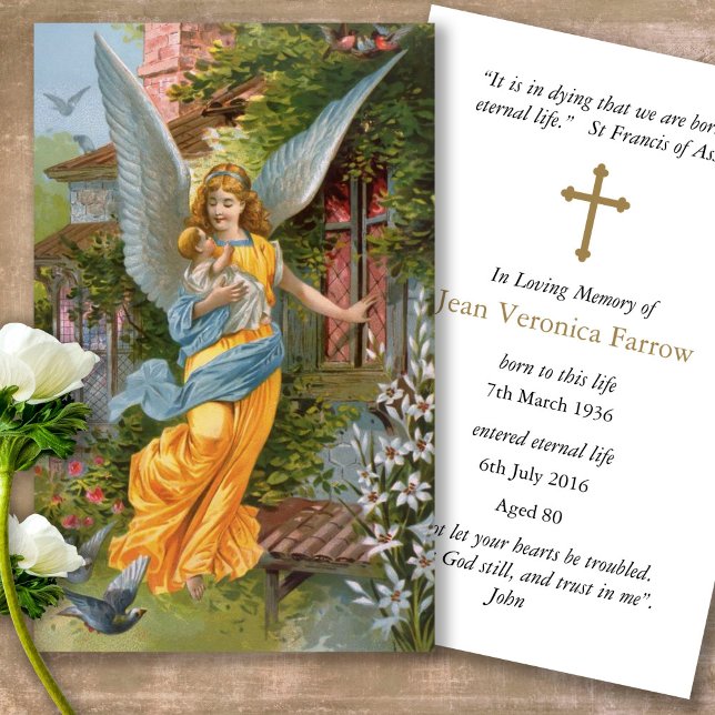 Cartão de condolências de Prece de Anjo Perda Fune (catholic, religious, celebration of life, in loving memory of, prayer cards for bereavement)