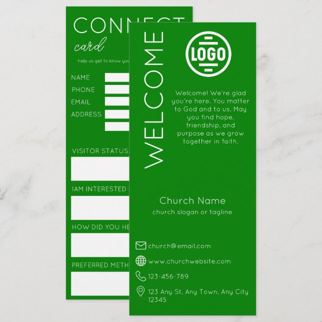 Cartão de Conexão da Igreja Verde Minimalista (Frente/Verso)
