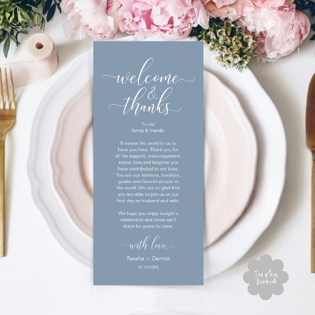 Cartão de Configuração de Local de Casamento de Ob (Modern Wedding Dinner Brunch Lunch Table Place Setting Thank You Card in Aesthetic Dusty Blue)