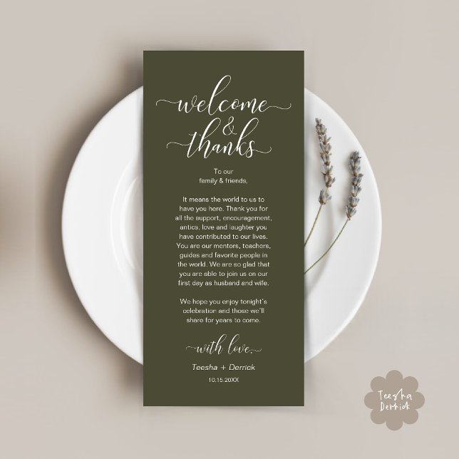 Cartão de Configuração de Local de Casamento de Ob (Modern Wedding Dinner Brunch Lunch Table Place Setting Thank You Card in Rustic Olive Green Greenery)
