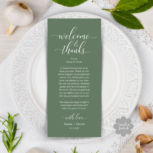 Cartão de Configuração de Local de Casamento de Ob (Modern Wedding Dinner Brunch Lunch Table Place Setting Thank You Card in Rustic Sage Green Greenery)