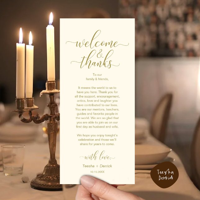 Cartão de Configuração de Local de Casamento de Ob (Modern Wedding Dinner Brunch Lunch Table Place Setting Thank You Card in Classy Yellow Gold)