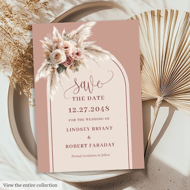 Cartão de Confirmação de Data com Arco de Grama de (Romantic Pink Pampas Grass Arch Save the Date Card)