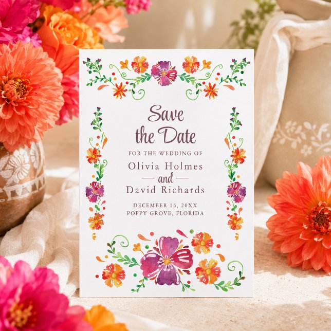 Cartão de Confirmação de Data de Festa Floral Mexi (Colorful Mexican Floral Fiesta Save the Date Card)