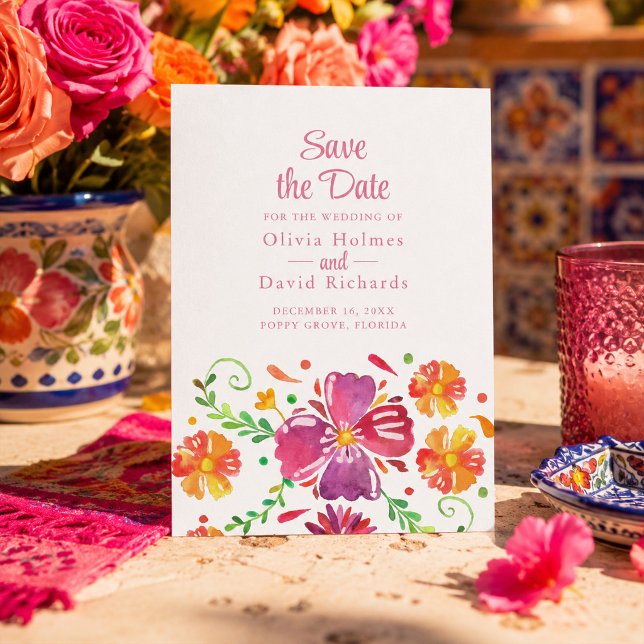 Cartão de Confirmação de Data de Festa Floral Mexi (Colorful Mexican Floral Fiesta Save the Date Card)