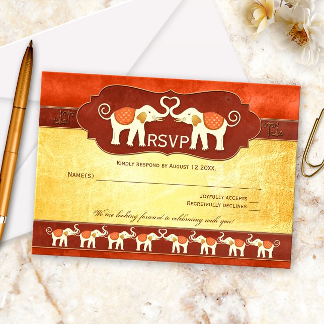 Cartão de Confirmação de Presença de Casamento de  (RSVP card featuring two cute elephants in love, cheered on by their families and tribe)