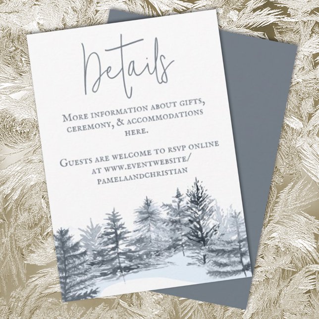 Cartão De Conselho Aconselhamento Ca Sobre Detalhes De Casamento Da F (slate gray winter wedding enclosure card details winter pine trees forest evergreen)