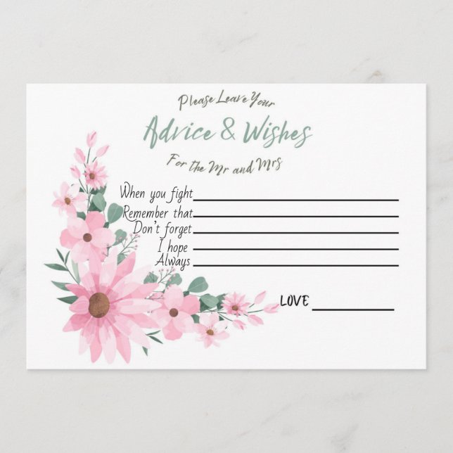Cartão De Conselho Advice and Wishes Bridal Shower Pink Flowers Card (Frente)