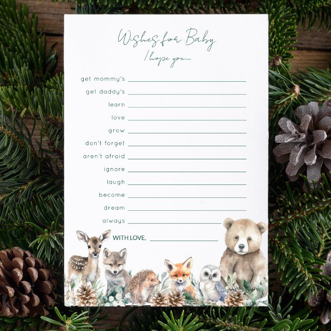 Cartão De Conselho Animais Russos de Floresta Desejam Jogo Bebê (This Wishes for Baby game is perfect for a rustic, winter baby shower for a baby boy or girl.)