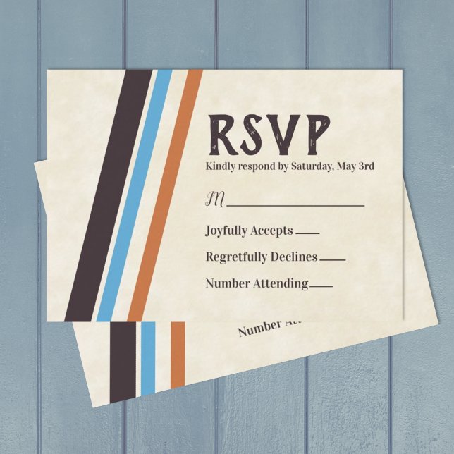 Cartão De Conselho Bar Mitzvah RSVP,  azul de distribuição diagonal (Retro stylish bar mitzvah rsvp cards with caramel brown, blue, and eggplant purple stripes)