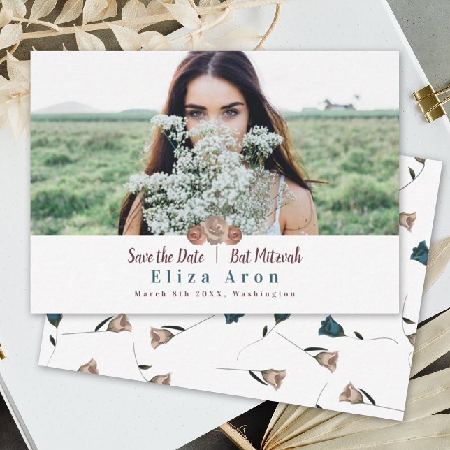 Cartão De Conselho Beige Light Mauve Roses Bat Mitzvah Salvar a Data (botanical beige dusty pink blush roses bat mitzvah save the date invitation card, teal beige roses)