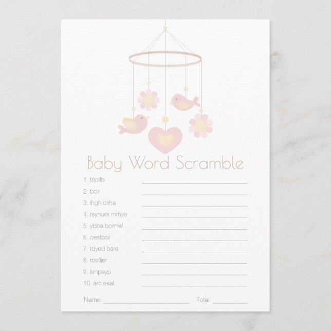 Cartão De Conselho Bird Mobile Nesting Party Baby Word Scramble (Frente)