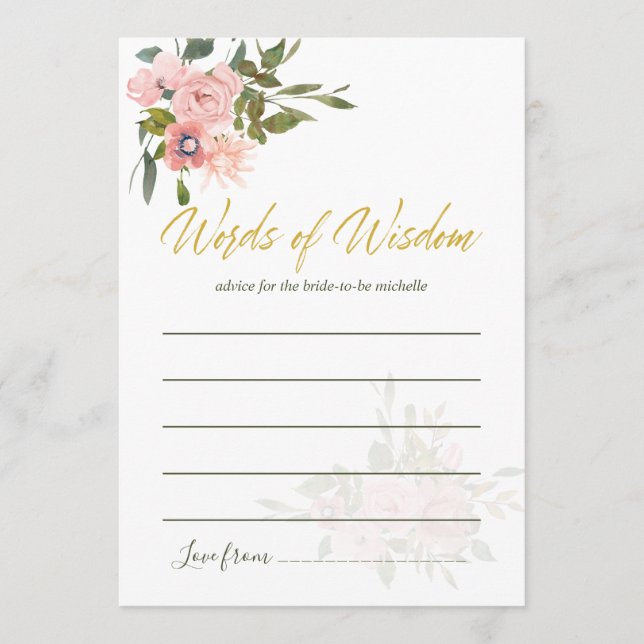 Cartão De Conselho Blush floral de aquarela e conselhos Dourados para (Frente)