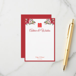 Cartão De Conselho Casamento chinês floral em aquarela rosa vermelho