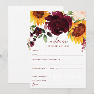 Cartão De Conselho Casamento de Outono com Girassóis e Rosas Burgundy