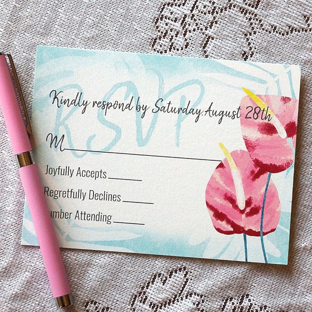 Cartão De Conselho Casamento de Turquesa Rosa Tropical RSVP (Tropical Wedding RSVP card with Tropical Gumdrop Flowers)