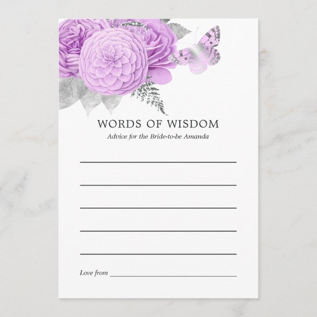 Cartão De Conselho Chá de panela Floral de Prata e Roxo (Frente)