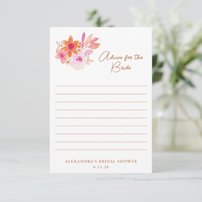 Cartão De Conselho Chuva de Flores Rosa Laranja Boho para a Noiva (Em pé/Frente)