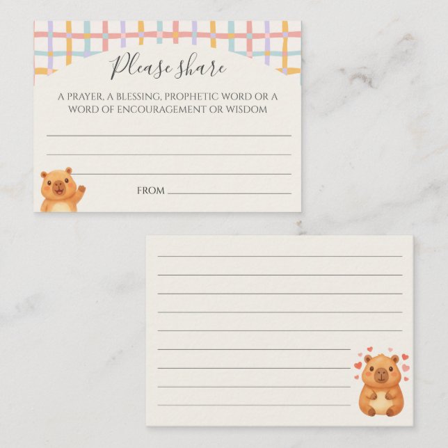 Cartão De Conselho Cute Capybara Baby Shower Prayer Wishes  (Frente/Verso)