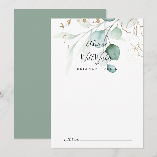 Cartão De Conselho Dourado Casamento Eucalyptus Calliografia Desejos (Frente/Verso)