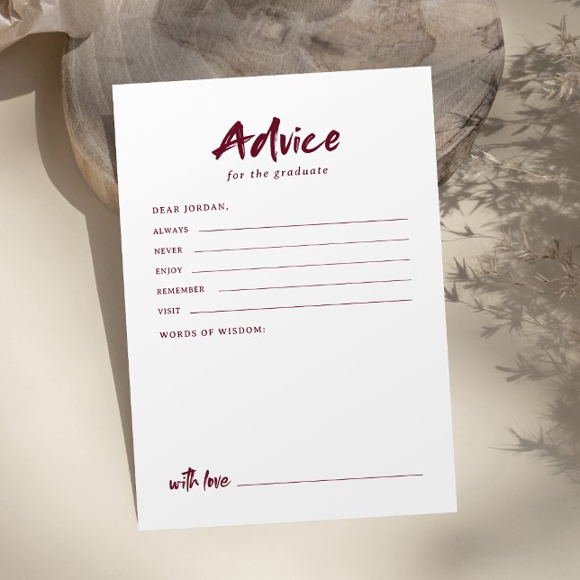 Cartão De Conselho Formatura Marrom Simples Moderno Pincel Script (Maroon Simple Modern Brush Script Graduation Advice Card)