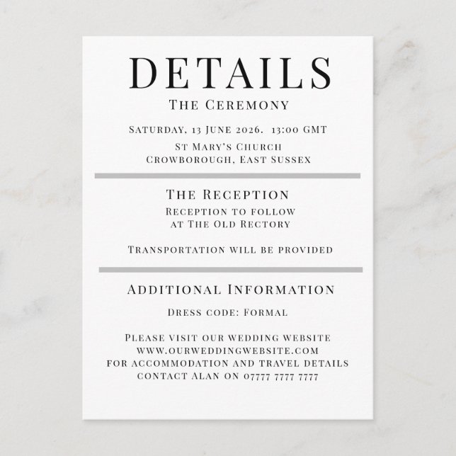 Cartão De Conselho Minimalist Wedding Details Card | Elegant Editable (Frente)