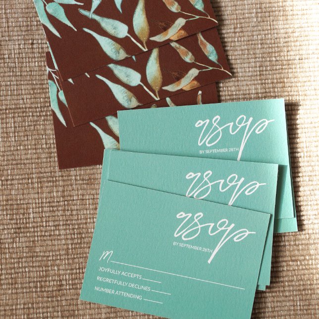 Cartão De Conselho Mint Green, Brown Leaves Wedding RSVP Card (Mint Green Winter RSVP Cards, Winter Green and Brown Enclosure Cards)