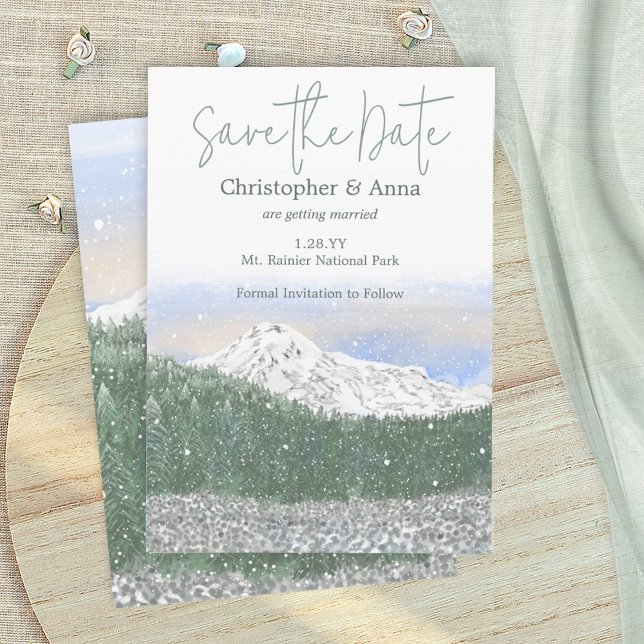 Cartão De Conselho Mount Rainier, Falling Snow Wedding Save the Date (mount mt. rainier save the date wedding card, mountains, snow, trees, forest wedding invitation)